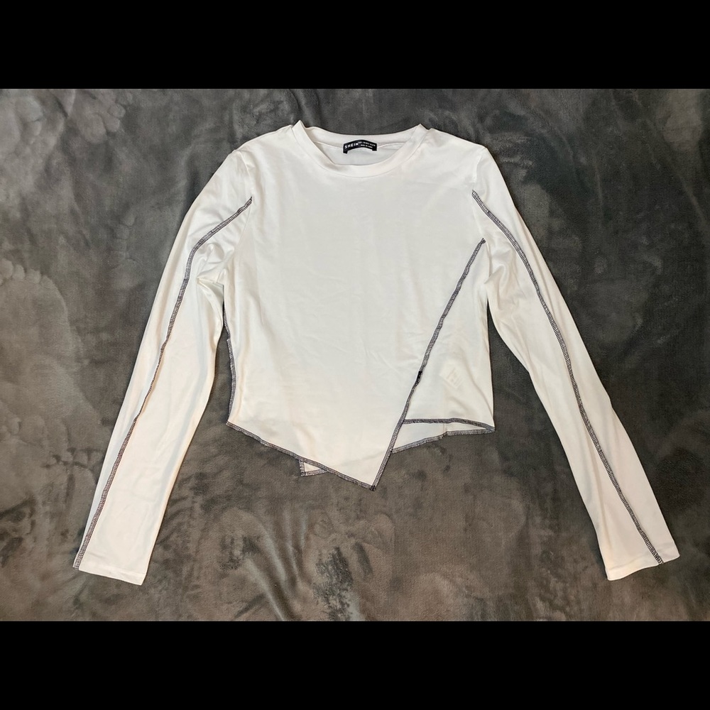 SHEIN long sleeve white asymmetrical top with black piping
